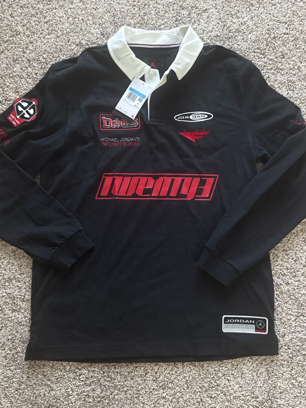 Jordan Black Long-Sleeve Rugby Shirt with White Collar and Red Logos